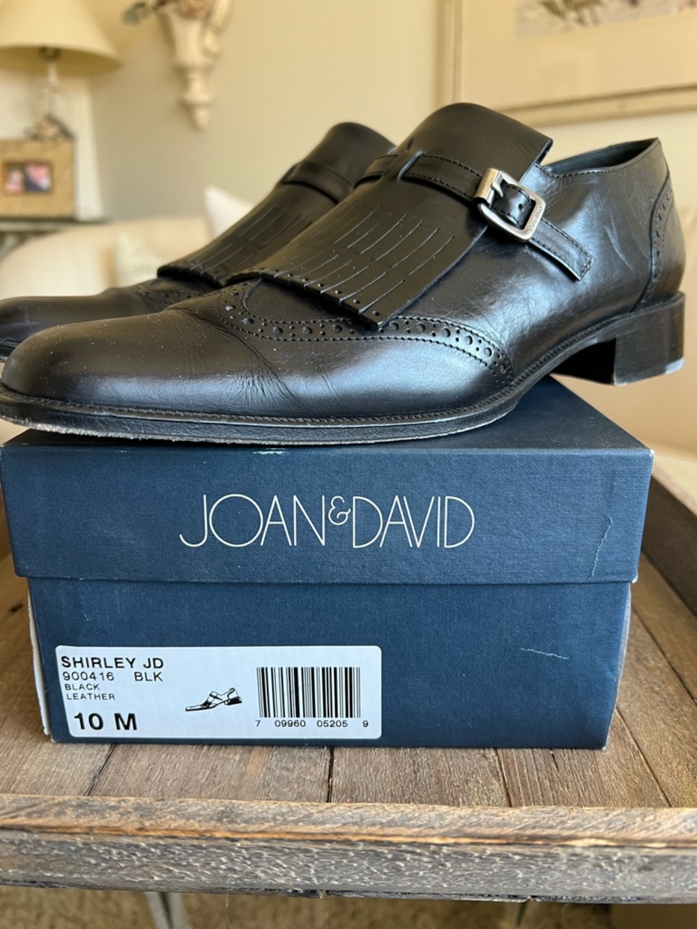 Joan & David Black Leather Kiltie Monk Strap Loafers